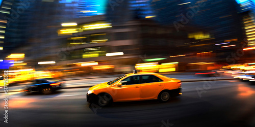 Fototapet Taxi at Night in Busy City Street Dark Fast Driving Transportation
