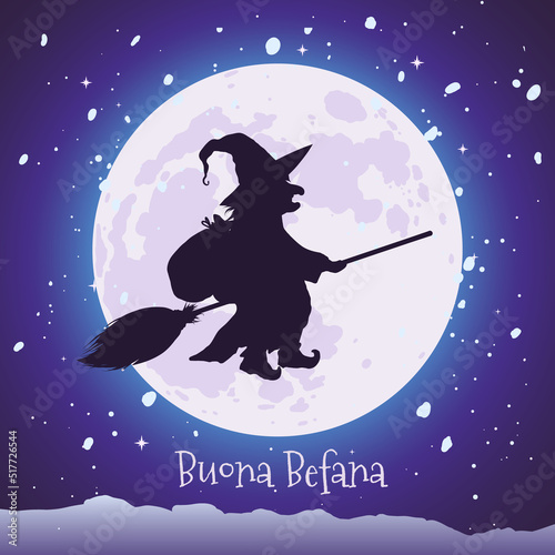 Good witch flying on broom, festa della Epiphany, Buona Befana greeting card photo