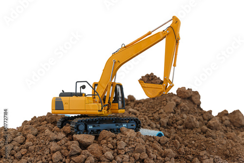 Crawler Excavator is digging in the construction site pipeline work on isolated white background.