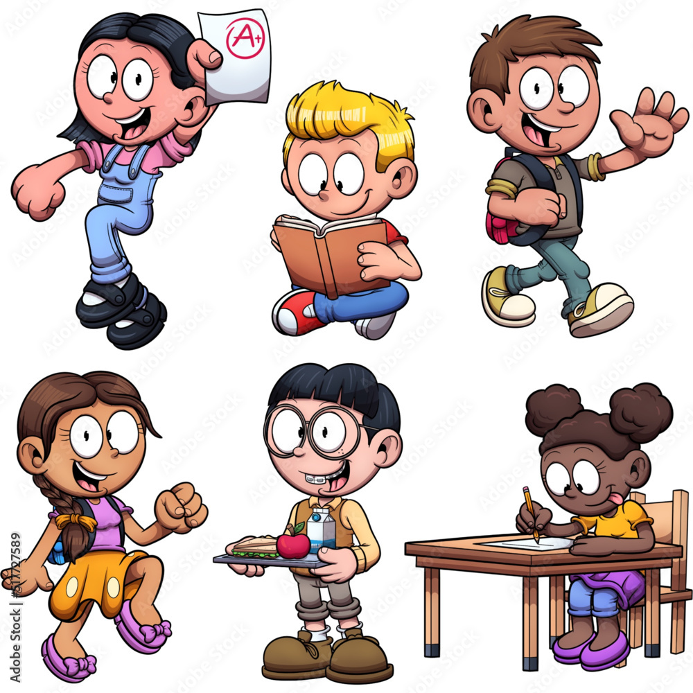 Cartoon kids in school. Vector clip art illustration with simple ...