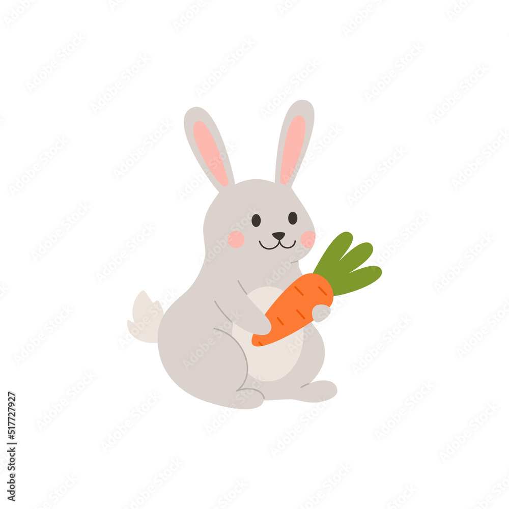Cute gray rabbit with carrot cartoon style, vector illustration Cute gray rabbit with carrot cartoon style, vector illustration