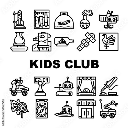 Kids Club Hobby Funny Occupation Icons Set Vector. Street Games And Sport Tourism, Theatrical And Chemistry Children Club, Air Simulation And Radio Controlled Car Sections Black Contour Illustrations