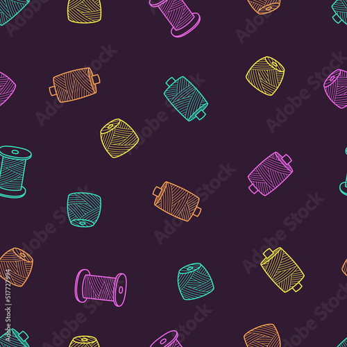 Seamless pattern of sewing threads, a skein of woolen threads for knitting needlework, threads on a spool for a seamstress.