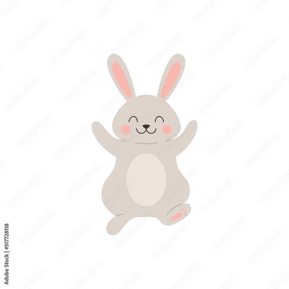 Obraz premium Gray fluffy jumping rabbit flat style, vector illustration