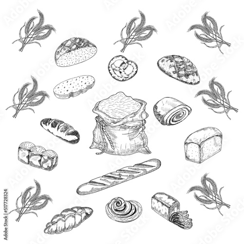 Icons of bread contours. Drawing rye, whole grain and wheat bread, pretzels, muffins, croissants, bagels, toast bread, French baguette for bakery design menu. Vector illustration.