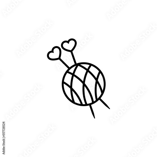 Knitting needles with hearts and a ball of thread. Simple minimal icon and logo design. Vector illustration on white background.