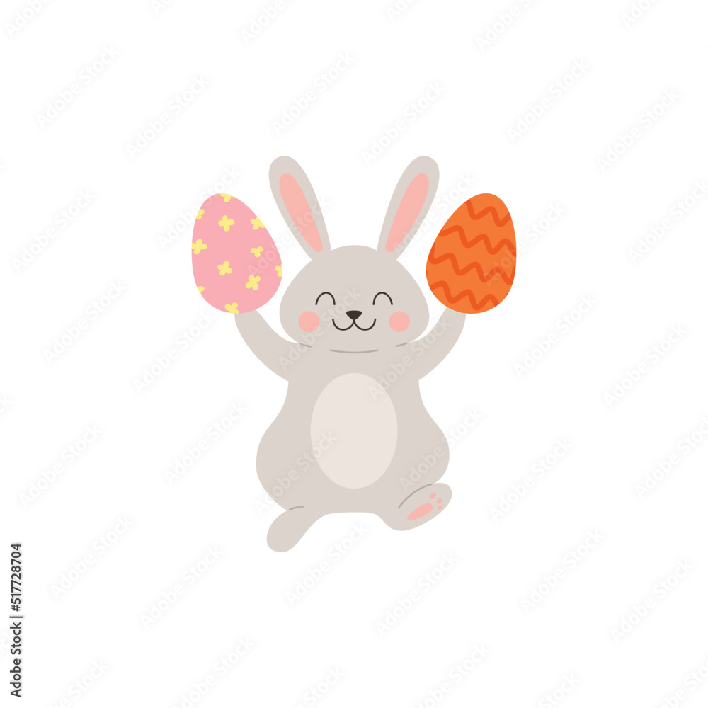 Cute smiling rabbit jumps with colored eggs in paws flat style
