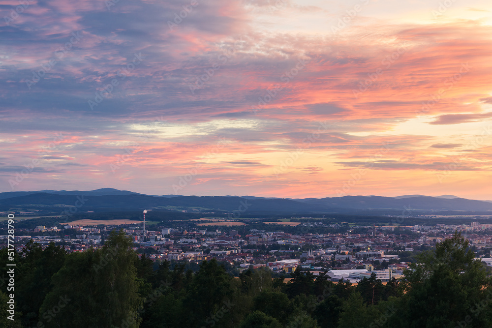 Panoramic view to city Ceske Budejovice with sunset sky. Czech republic city