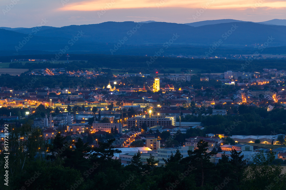 Panoramic view to city Ceske Budejovice at night. Czech republic city