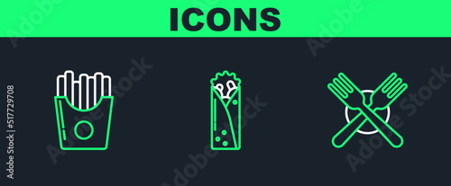 Set line Crossed fork, Potatoes french fries in carton package box and Doner kebab icon. Vector