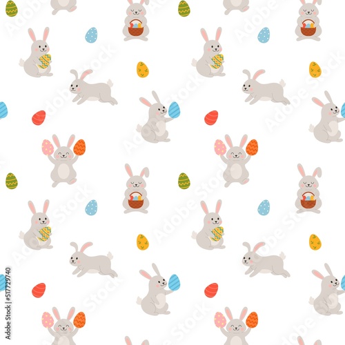 Easter bunny seamless pattern  cartoon flat vector illustration on white background.