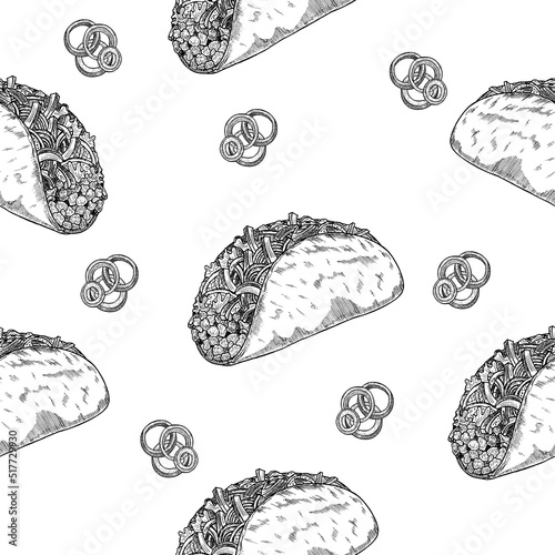Seamless pattern with a hand-drawn taco pattern. Sketched vector illustration of fast food. Background for cafe, restaurant,napkins, website design or packaging, takeaway bags