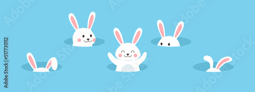Funny playful white rabbits hiding in holes flat style, vector illustration