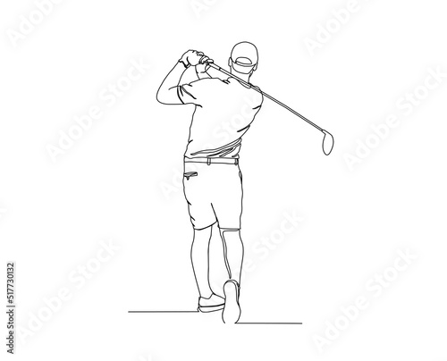 Continuous line drawing of man playing golf. Single one line art concept of professional golf player holding stick to hit ball.