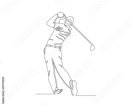 Continuous line drawing of man playing golf. Single one line art concept of professional golfer swinging the stick to hit ball.
