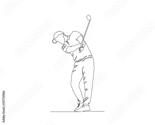 Continuous line drawing of golfer. Single one line art concept of professional golfer swinging the stick to hit ball.