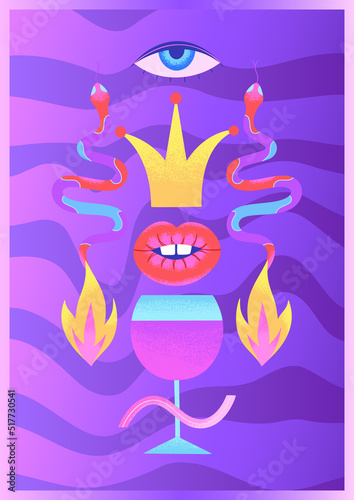 Colorful psychedelic poster with glass of wine, snakes, crown, eye, lips, fire and wavy background. Contemporary Art. Design for night club or wine tasting. Purple color. Vector illustration