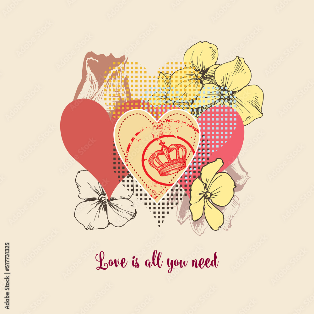 Fototapeta premium Love card, flowers and decorative heart shapes design