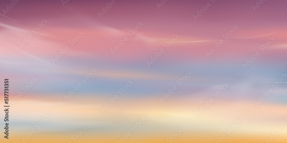 Sunrise in Morning with Orange,Yellow, Pink, purple sky, Dramatic twilight landscape with Sunset in evening,Vector horizon of romantic Sky banner sunlight,Rainbow unicorn fantasy background
