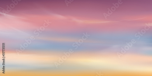 Sunrise in Morning with Orange,Yellow, Pink, purple sky, Dramatic twilight landscape with Sunset in evening,Vector horizon of romantic Sky banner sunlight,Rainbow unicorn fantasy background