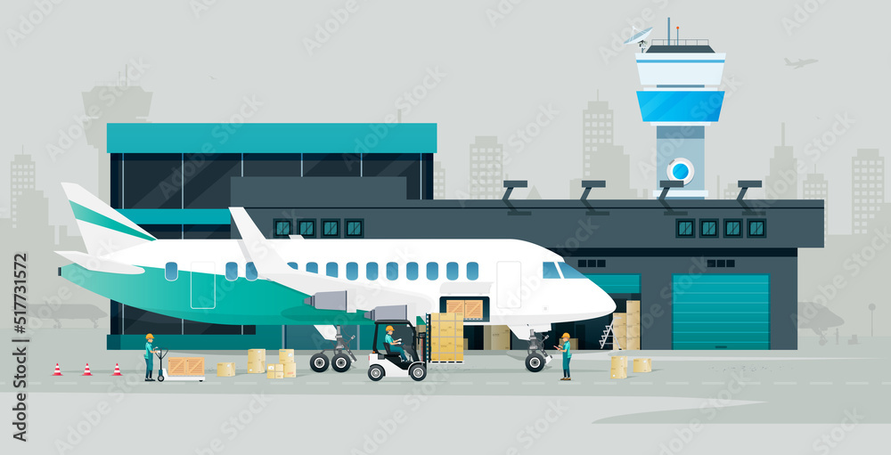 Naklejka premium Workers loading cargo boxes transported by planes.