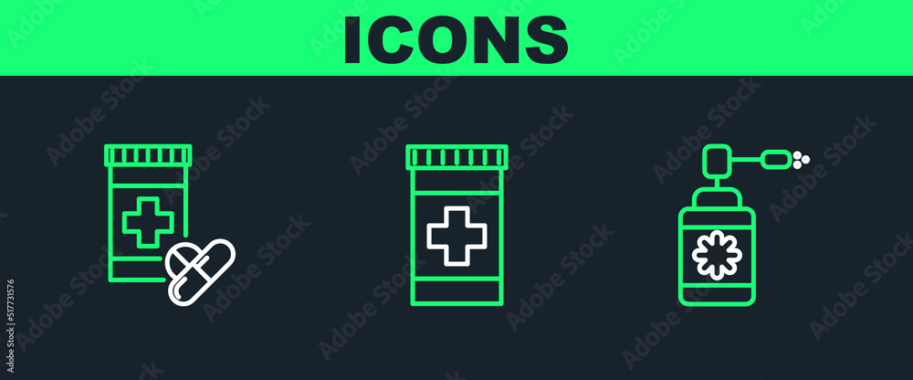 Set line Medical bottle with nozzle spray, Medicine and pills and icon. Vector