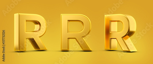 Letter R in 3d metal gold with shadow caster and yellow background photo