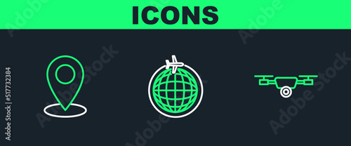 Set line Drone flying with action video camera, Map pin and Globe plane icon. Vector