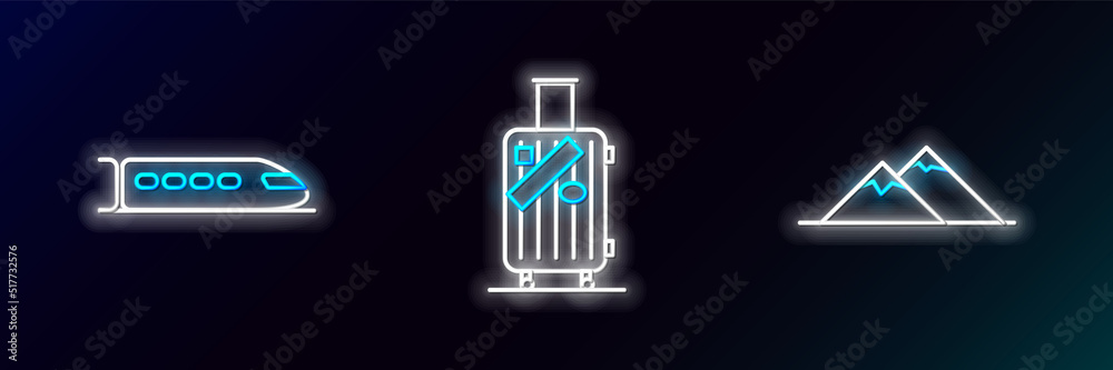 Set line Mountains, Train and Suitcase for travel and stickers icon. Glowing neon. Vector Set line Mountains, Train and Suitcase for travel and stickers icon. Glowing neon. Vector