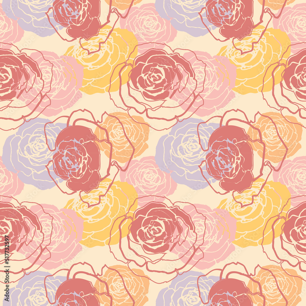 Retro style colorful roses stems seamless pattern Retro style colorful roses stems seamless pattern