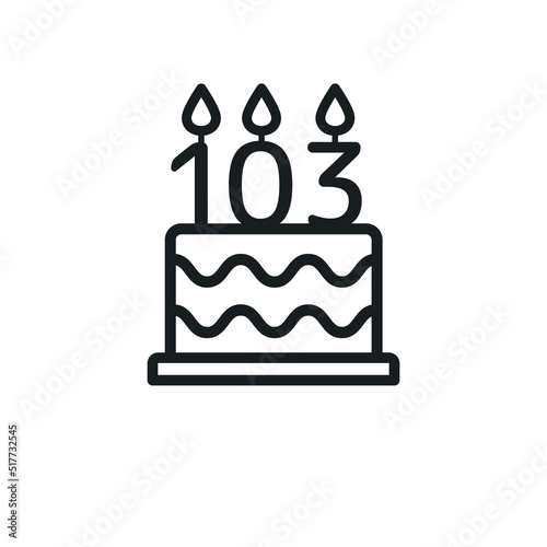 Birthday cake line icon with candle number 103 (one hundred and three). Vector.