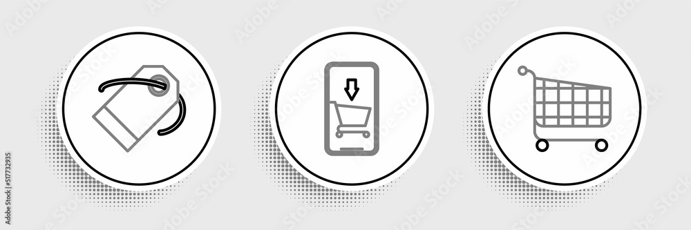 Set line Shopping cart, Blank label template price tag and Mobile phone and shopping icon. Vector Set line Shopping cart, Blank label template price tag and Mobile phone and shopping icon. Vector