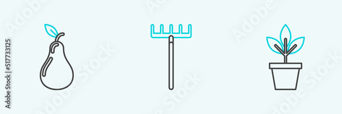 Set line Flowers in pot, Pear and Garden rake icon. Vector