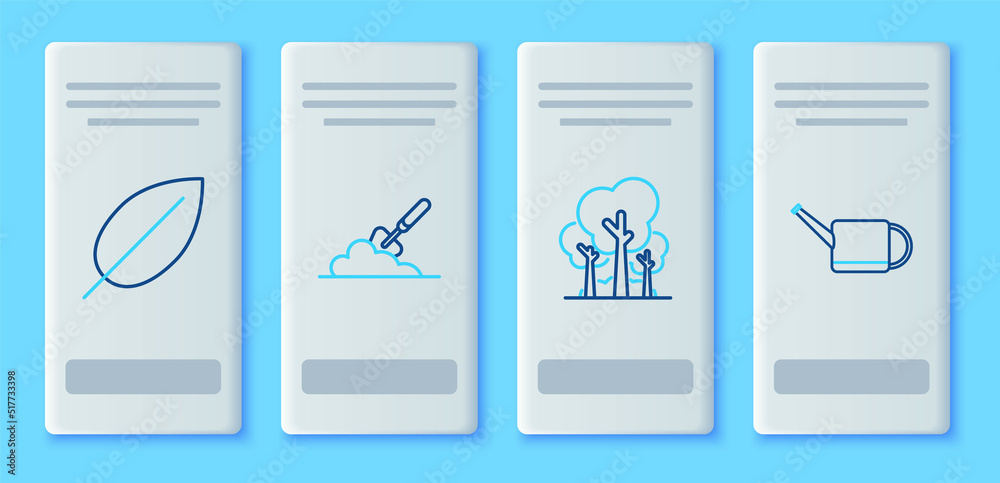 Set line Garden trowel spade or shovel in the ground, Trees, Leaf and Watering can icon. Vector