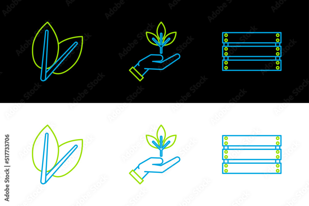 Set line Wooden box, Leafs and Plant in hand of environmental protection icon. Vector