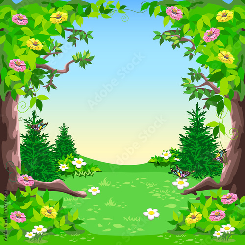 Vector illustration of a fairy tale forest with a glade in flowers. Nature in cartoon style.