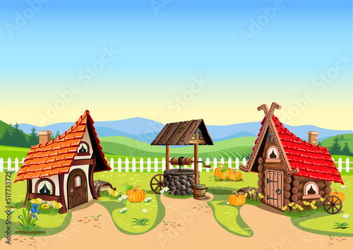 Fairytale village with cartoon houses and a well. Vector illustration of fabulous architecture and nature.