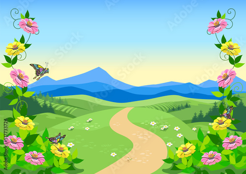 Vector illustration of fairy tale mountain valley in colors. Beautiful landscape with a path. Background in cartoon style. © liana2012