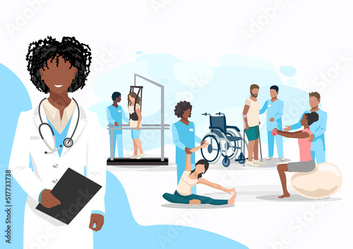 Friendly doctor in a rehabilitation center. Physiotherapy. Restoring health after illness and injury. Flat vector illustration.