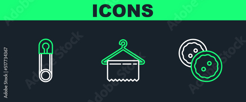 Set line Sewing button for clothes, Classic closed steel safety pin and Hanger wardrobe icon. Vector