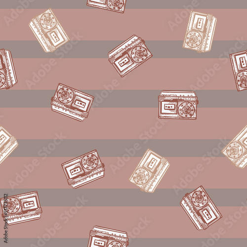 Retro radio engraved seamless pattern. Vintage media equipment in hand drawn style. Sketch old device. photo