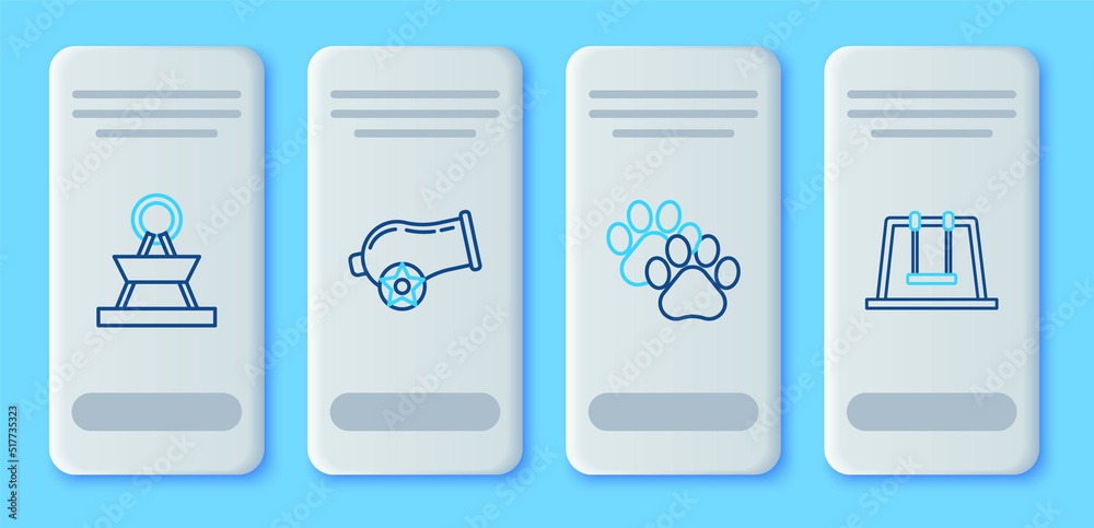 Set line Cannon, Paw print, Attraction carousel and Swing icon. Vector