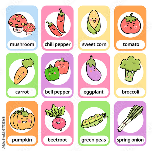 set vegetable cartoon character english vocabulary fast card for kids, flat illustration vector design