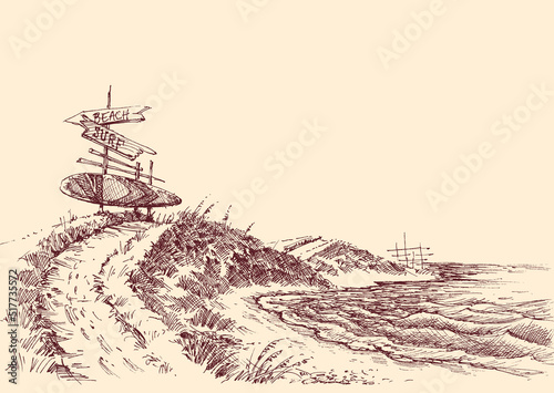 Surf beach hand drawing. Wooden pointers to the beach and a surfboard stand