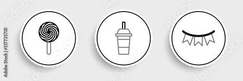Set line Carnival garland with flags, Lollipop and Paper glass drinking straw water icon. Vector