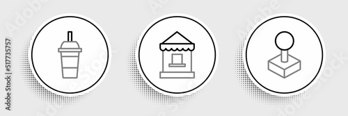 Set line Joystick for arcade machine, Paper glass with drinking straw and water and Ticket box office icon. Vector