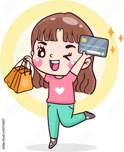 cartoon character woman shopping holding credit card and shopping bag, financial concept, flat illustration