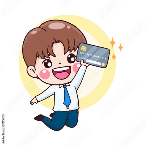 cartoon character businessman holding credit card while jumping, financial concept, flat illustration