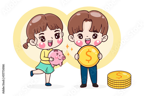 cartoon character woman holding piggy bank man holding coin, money saving and finance concept, flat illustration