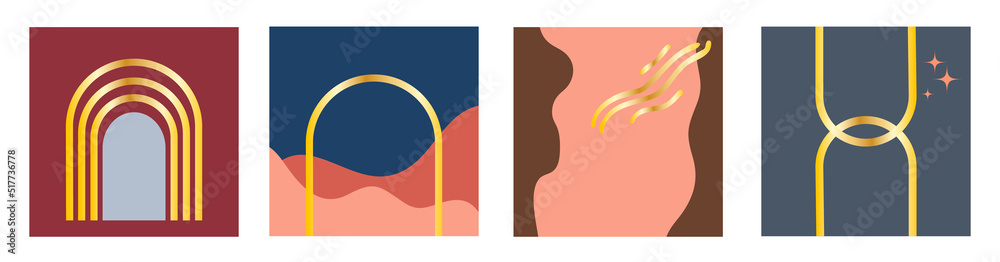 Fototapeta premium Set of 4 square abstract background for social media post. Cool theme with luxury gold gradient curve line.